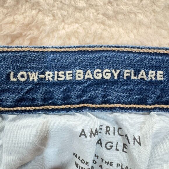 American Eagle Baggy Flare Jeans Women Size 10 Skater Boho Y2K Raw Hem Dark Wash - Picture 5 of 10
